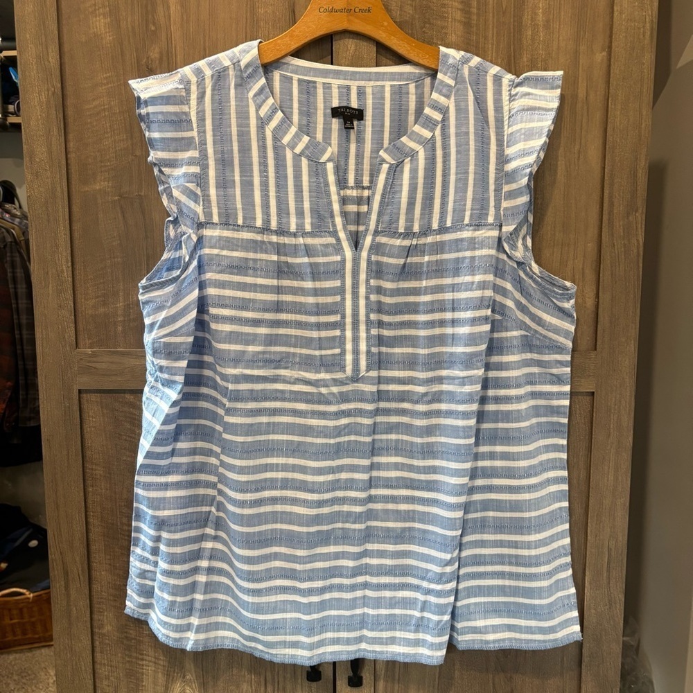 NWOT Talbots Plus 2X Shell Top Ruffle Trim Sleeveless Blouse Blue White Stiped - Picture 2 of 11